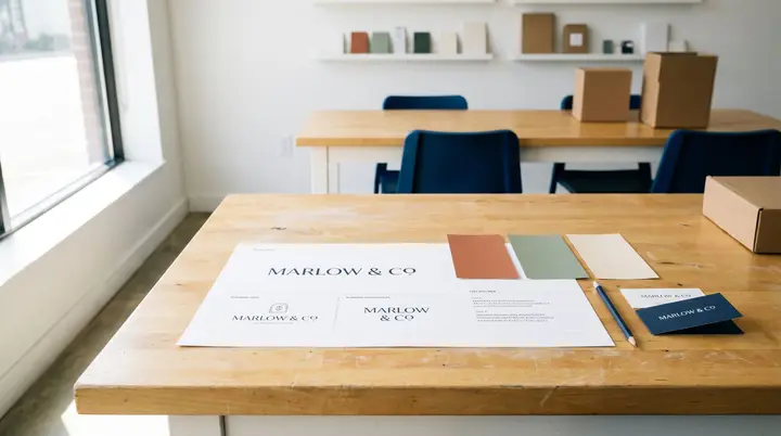 Brand identity design workspace with color swatches and logo concepts