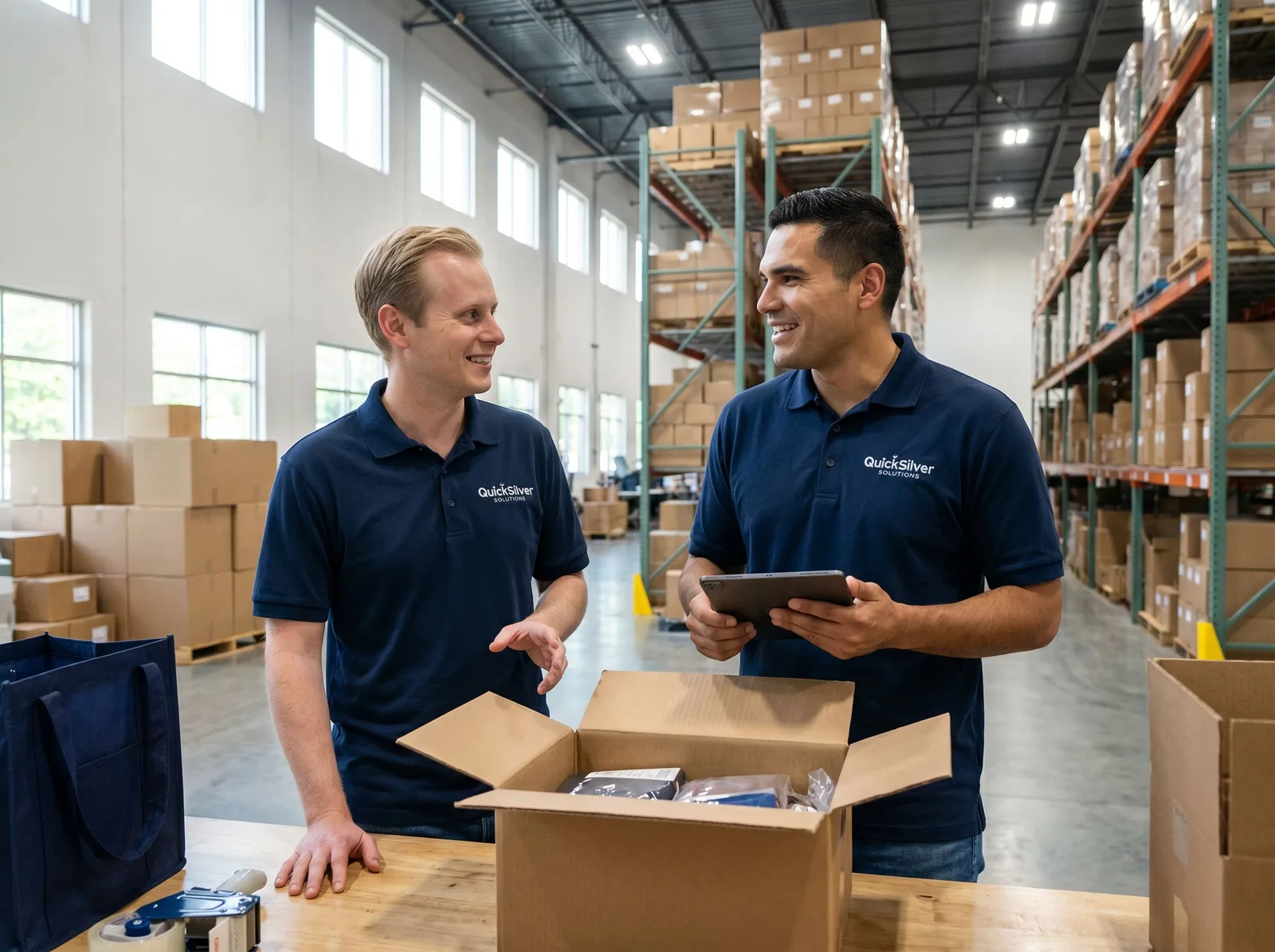 David Bockorny and Cody Shoniber on the QuickSilver Solutions warehouse floor